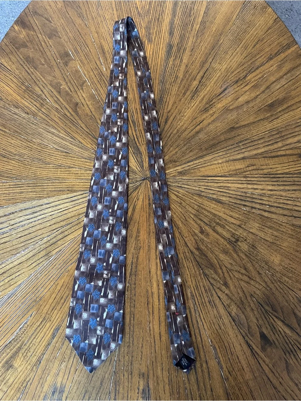 Zylos by George Machado Brown Silk Tie with Blue Floral and Geometric Pattern